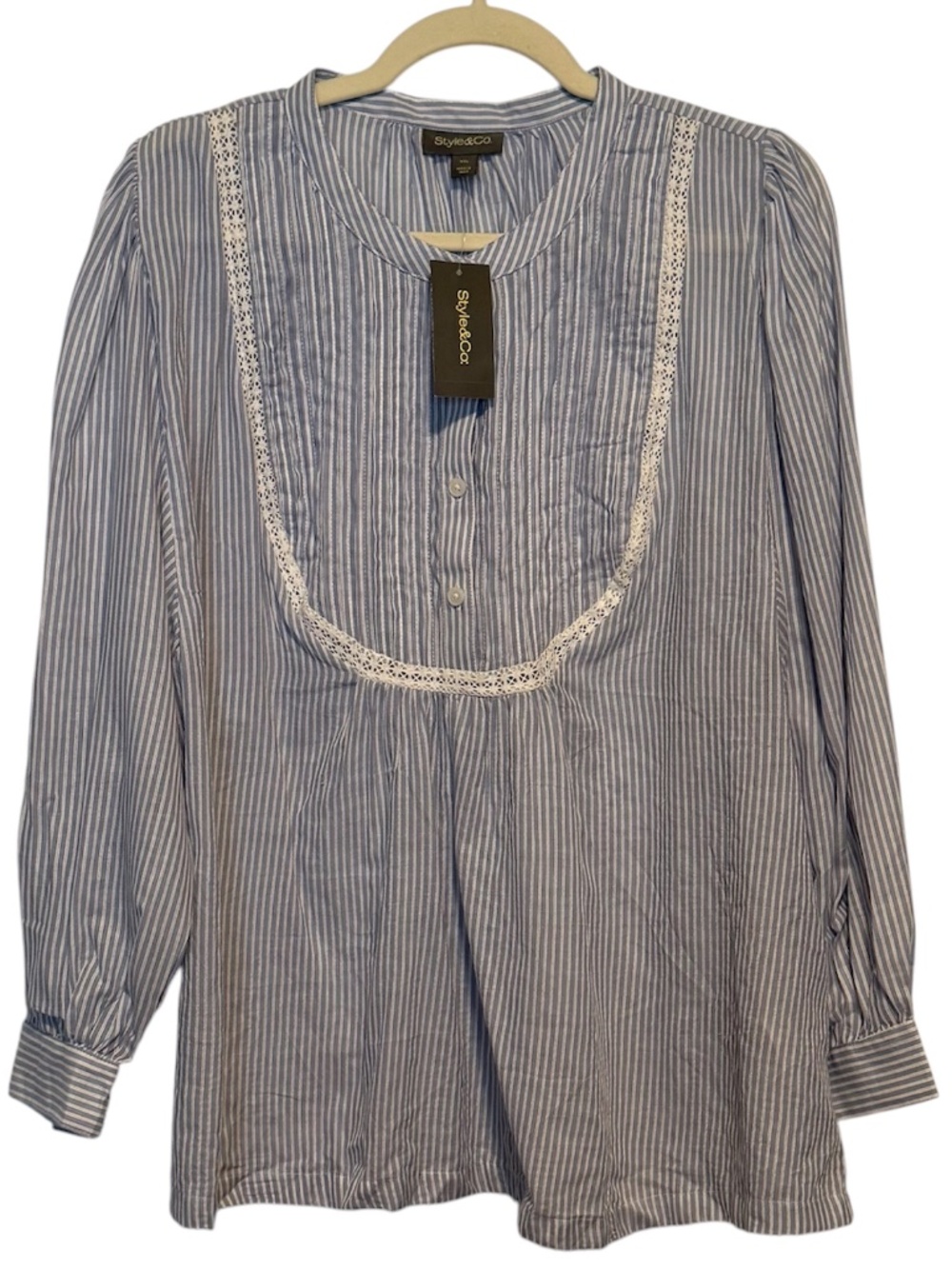 NWT Style & Co Cotton Stripe Lace Bib 3/4 Sleeve Top Size XXL
